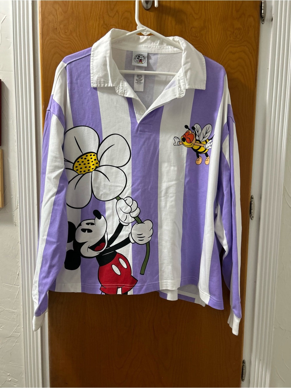 Disney Parks Mickey and Bee Purple & White Striped Cartoon Rugby Shirt